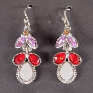 Dangle Earrings Red Purple White Teardrop Gemstone Look Costume Jewelry 1.4"
